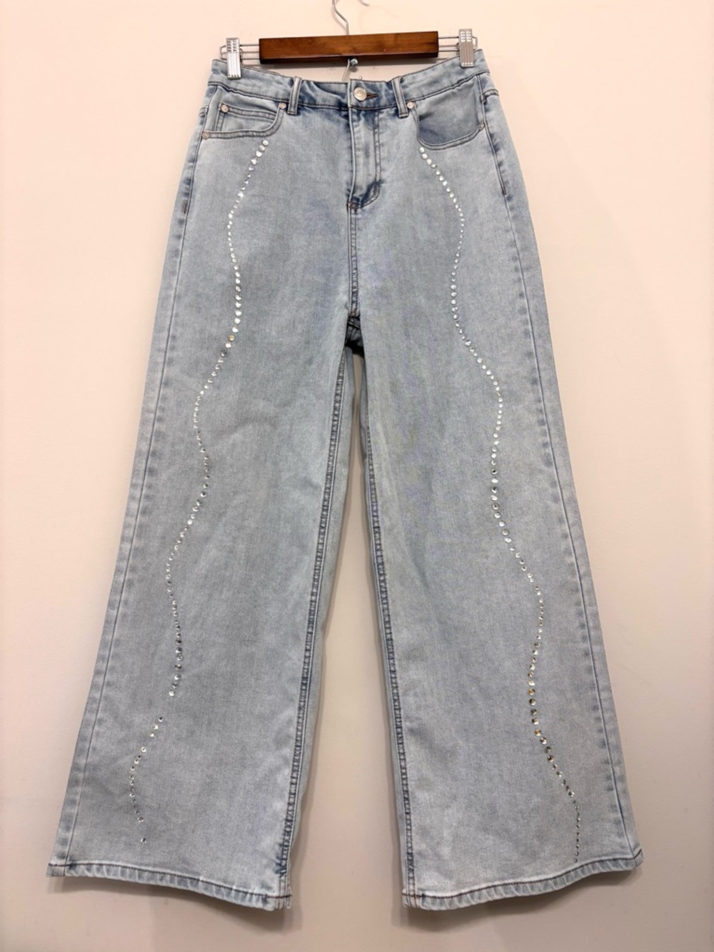 OAT New York Rhinestone Wide Leg Jeans Stretchy High Rise Light Blue Womens 6/28